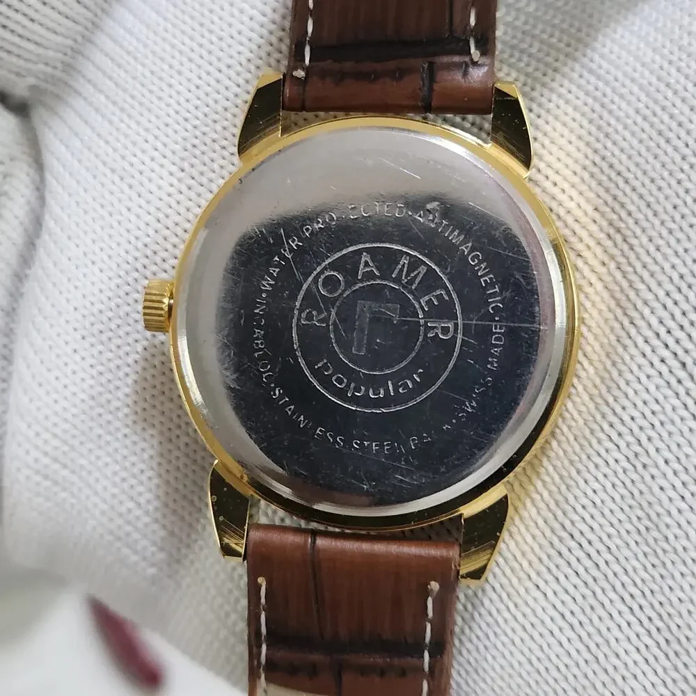 Vintage 1981 Roamer Manual Mens Gold Watch W/Leather Strap & Green accents
